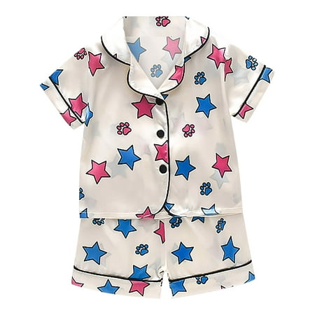 

Lovely Casual Sleepwears For Children Girls Cartoon Printed Turn-Down Collar Short Sleeve Satin Button Down Shirt Tops And Pants Silk Pajamas Outfits Loungewear Set Comfortable Soft Cozy Homewear