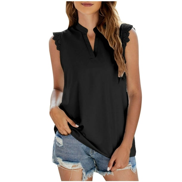 Blusas de Verano Ligeras para Mujeres, Moda Color Sólido sin Mangas Encaje Cuello en V Tanque para Ocasional Y Fiesta