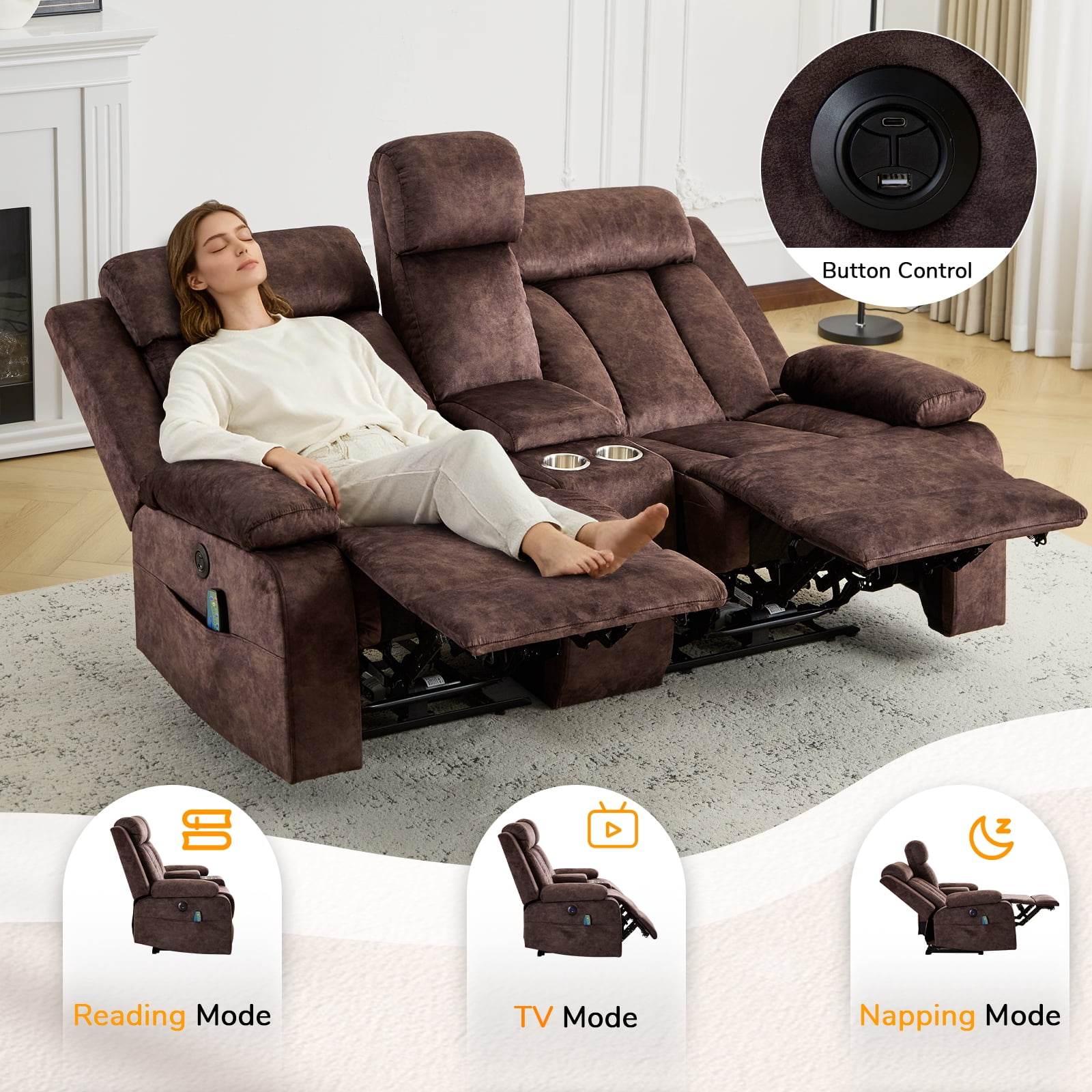 Power Recliner Loveseat Sofa with Console Storage, Heat & Massage, Reclining Sofa Couch with Cup Holders, USB & Type-C Ports, Dutch Velvet Recliner Couch for Living Room, RV,Office,Apartment