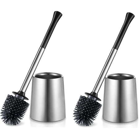 Toilet Bowl Brush Holder Set: 2Pack Silicone Stainless Steel Deep Cleaning Cleaner for Bathroom Restroom - Compact Modern Rv Scrubber Accessories with Caddy