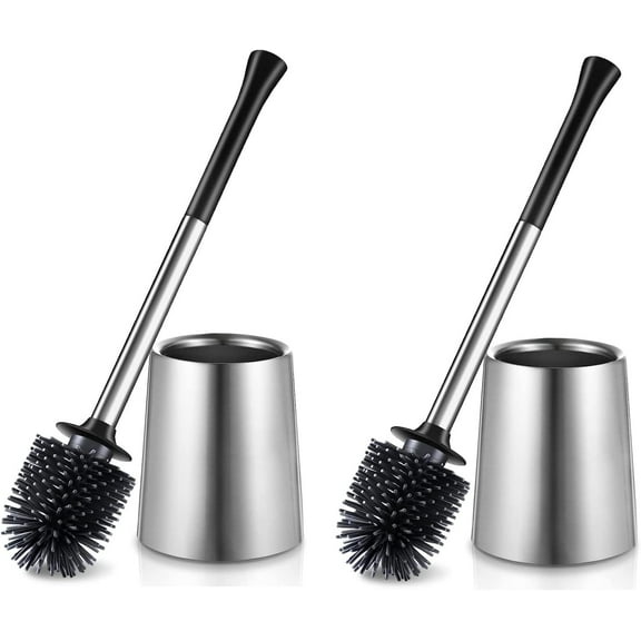 Toilet Bowl Brush Holder Set: 2Pack Silicone Stainless Steel Deep Cleaning Toilet Cleaner Brush for Bathroom Restroom - Compact Modern Rv Toilet Scrubber Accessories with Caddy