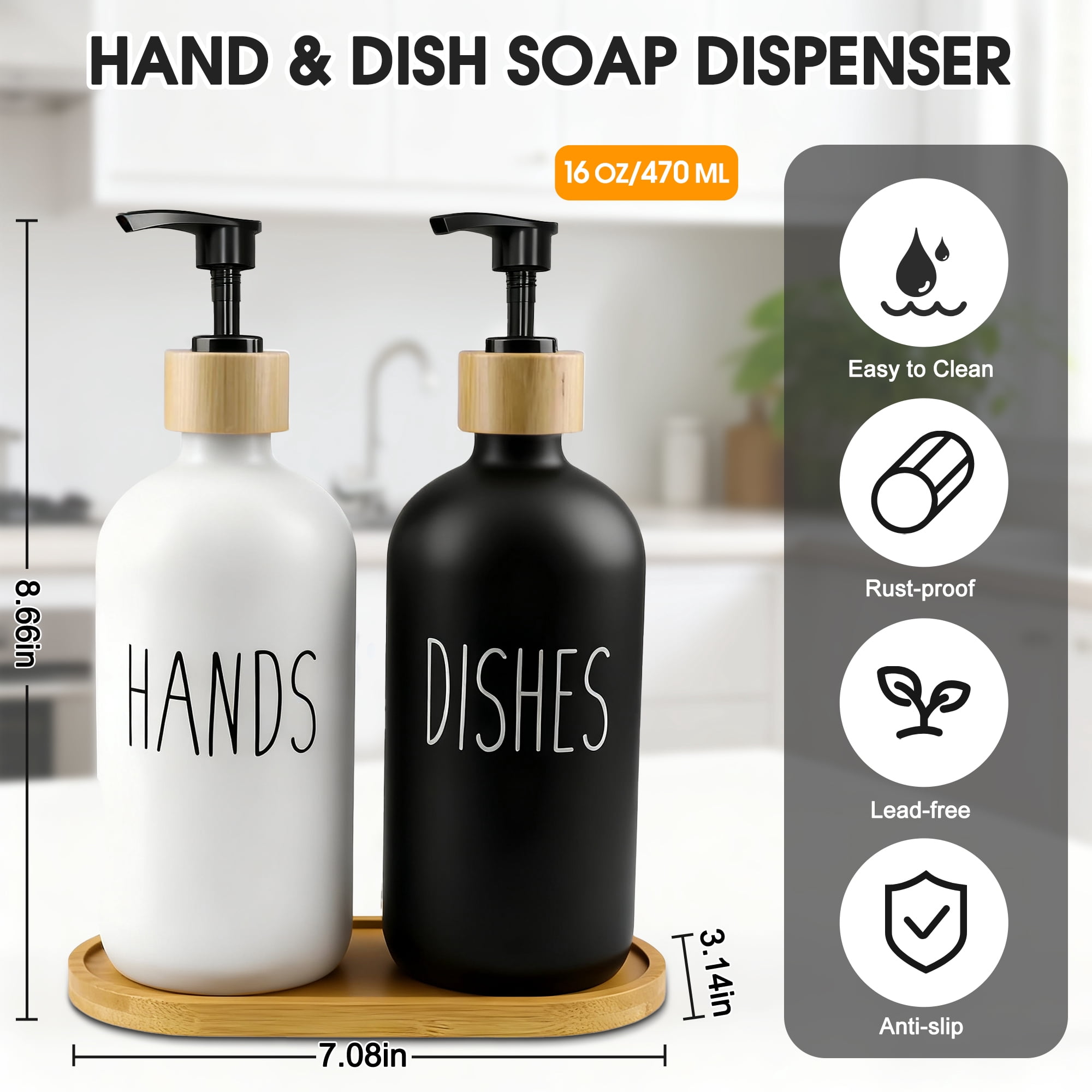 2 Pack Glass Soap Dispenser Set, Hand & Dish Soap Dispenser with Bamboo Tray & Pump, 16oz Soap & Lotion Dispenser Set for Bathroom Kitchen