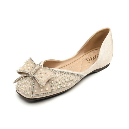 

Faux Rhinestone & Faux Pearl Bow Tie Flat Shoes Square Toe Lightweight Soft Sole Shoes Slip On Shoes