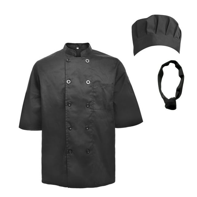TopTie Unisex Short Sleeve Cooking Chef Coat Jacket & Hat & Bandana Set-Black-XS