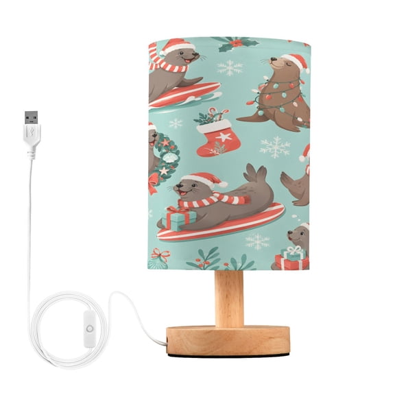 Seals Christmas Cute Table Lamp, Fully Dimmable Nightstand Lamp with USB and Linen Fabric Shade, Modern Gifts for Bedroom, Living Room, Office