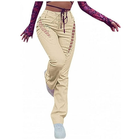 

Mrat Full Length Pants Womens Long Straight Pants Ladies Leather Pants High Waist Hollow Out Lace Up Drawstring Bandage Steampunk Pant Streetwear Scrub Pants For Female