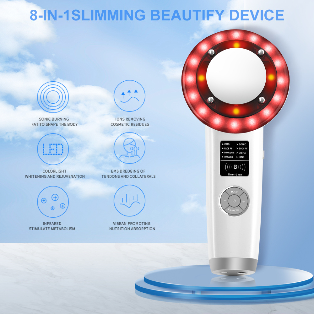 8-in-1 Ultrasonic Slimming Device RF Radio Frequency LED Color Light EMS Physiotherapy Vibration Shaping Beauty Device