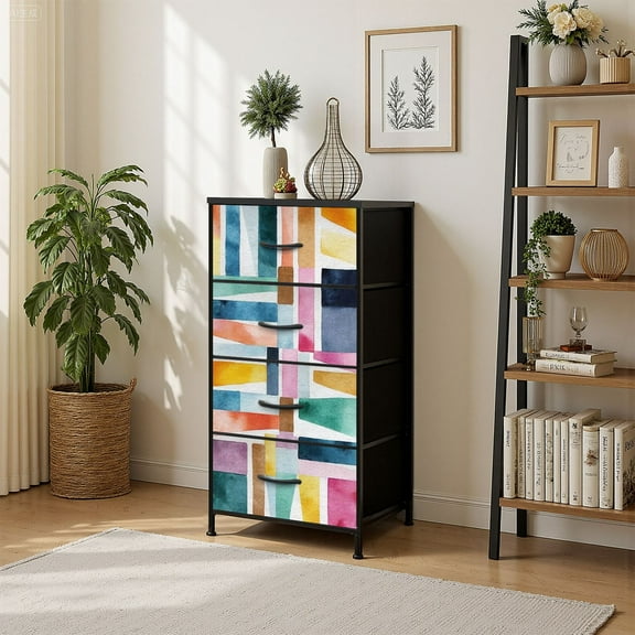 4 Drawer Vertical Storage Dresser Abstract watercolor Artwork geometric modern style with Wood Top Fabric Pull Drawers