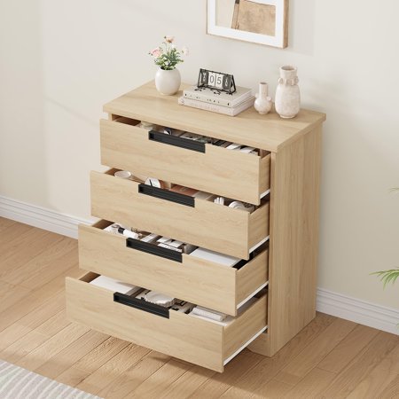 36“Natural 4-Drawer Dresser with Embedded Handles – Wooden Storage Organizer for Bedroom Living Room & Nursery