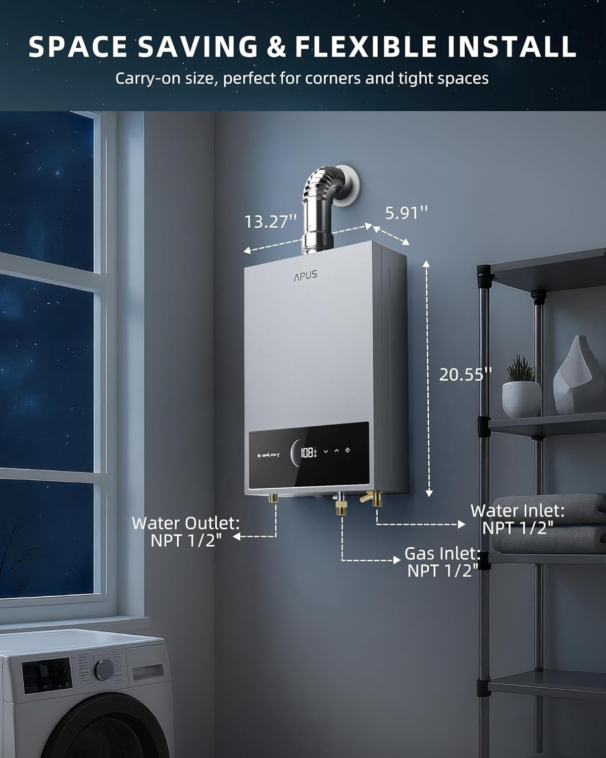 Indoor Hot Water Heater,Tankless,Propane Gas,95000BTU,Smart Digital Display, Space Gray