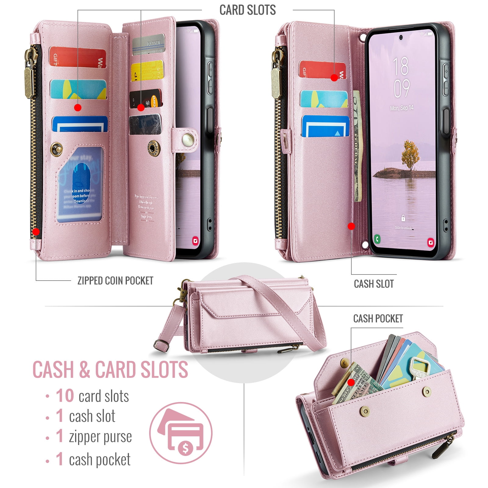 Asuwish Compatible with Samsung Galaxy A17 5G Zipper Wallet Phone Case Tempered Glass Screen Protector Crossbody Lanyard Strap Flip Card Holder Slot Cell Cover for A 17 17A G5 Women Girls Rose Gold