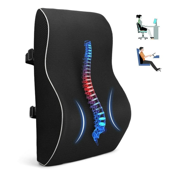 Lumbar Support Pillow,Ergonomic Memory Foam Back Support Cushion with Adjustable Straps for Car, Office Chair,Travel Use,Large Wedge Backrest, Black