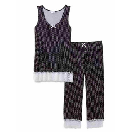- Kathy Ireland Womens Black & White Dot Lacy Pajama Set Top & Capri Bottoms PJs