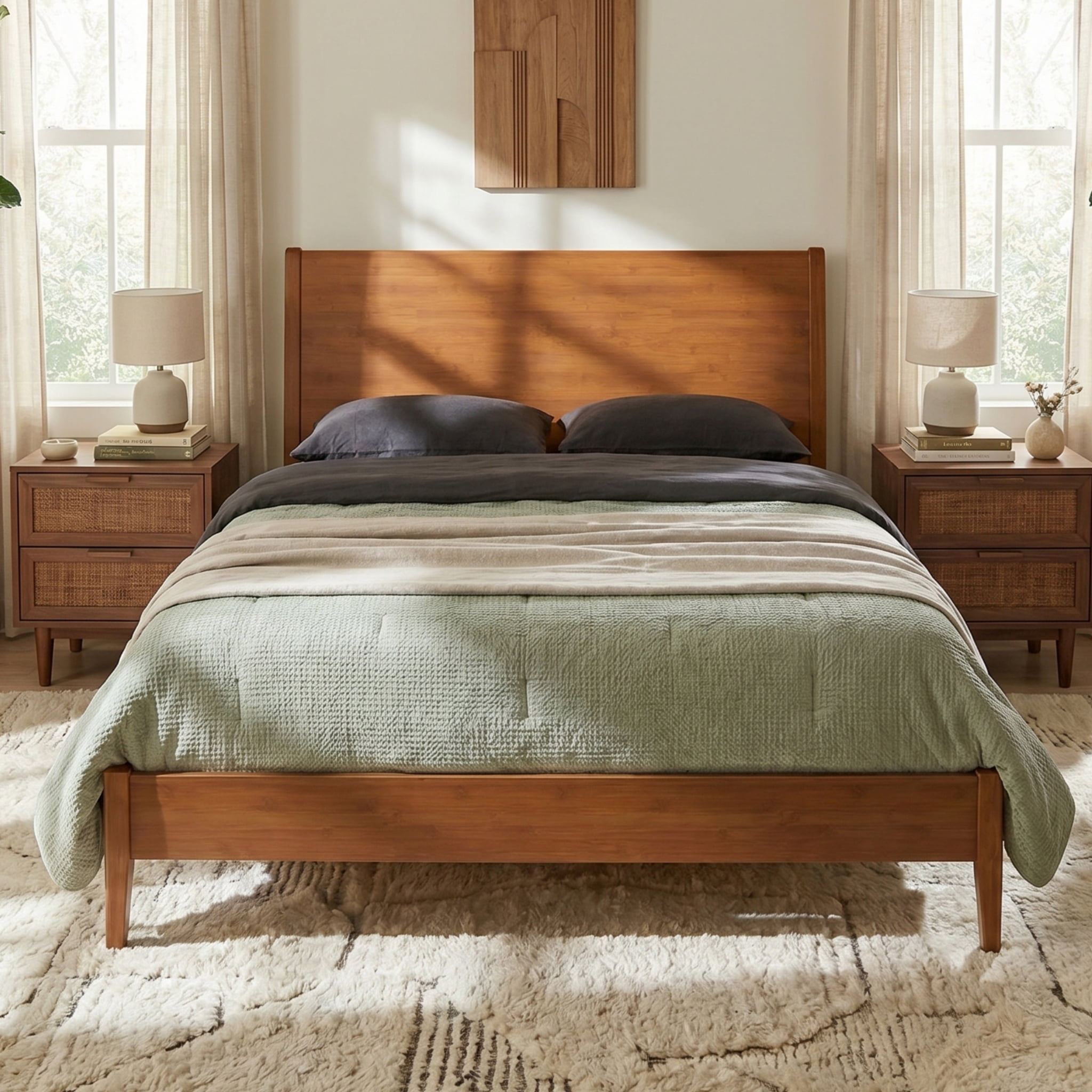 Euroco Bamboo Wood Platform Bed, Mid-Century Queen Size Bed, Walnut