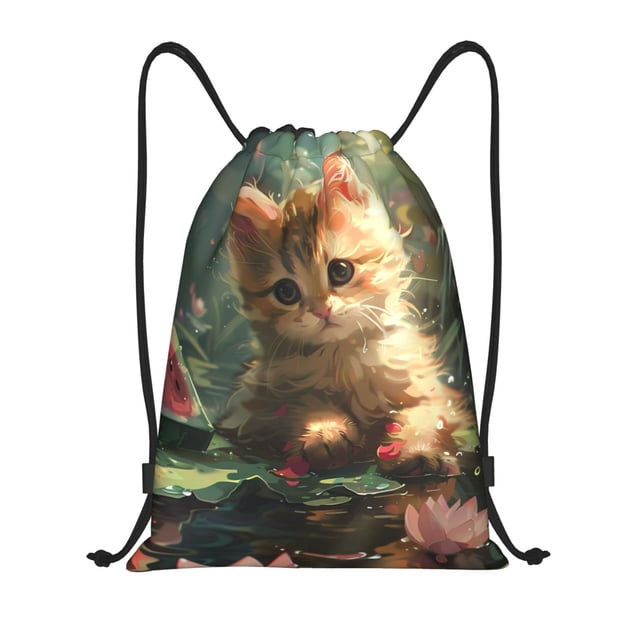 Xecao Cute Kitten Water Lilies Pattern Sports Drawstring Backpack - String Swim Gym Bag with Wet Proof Pocket for Women&Men-Medium