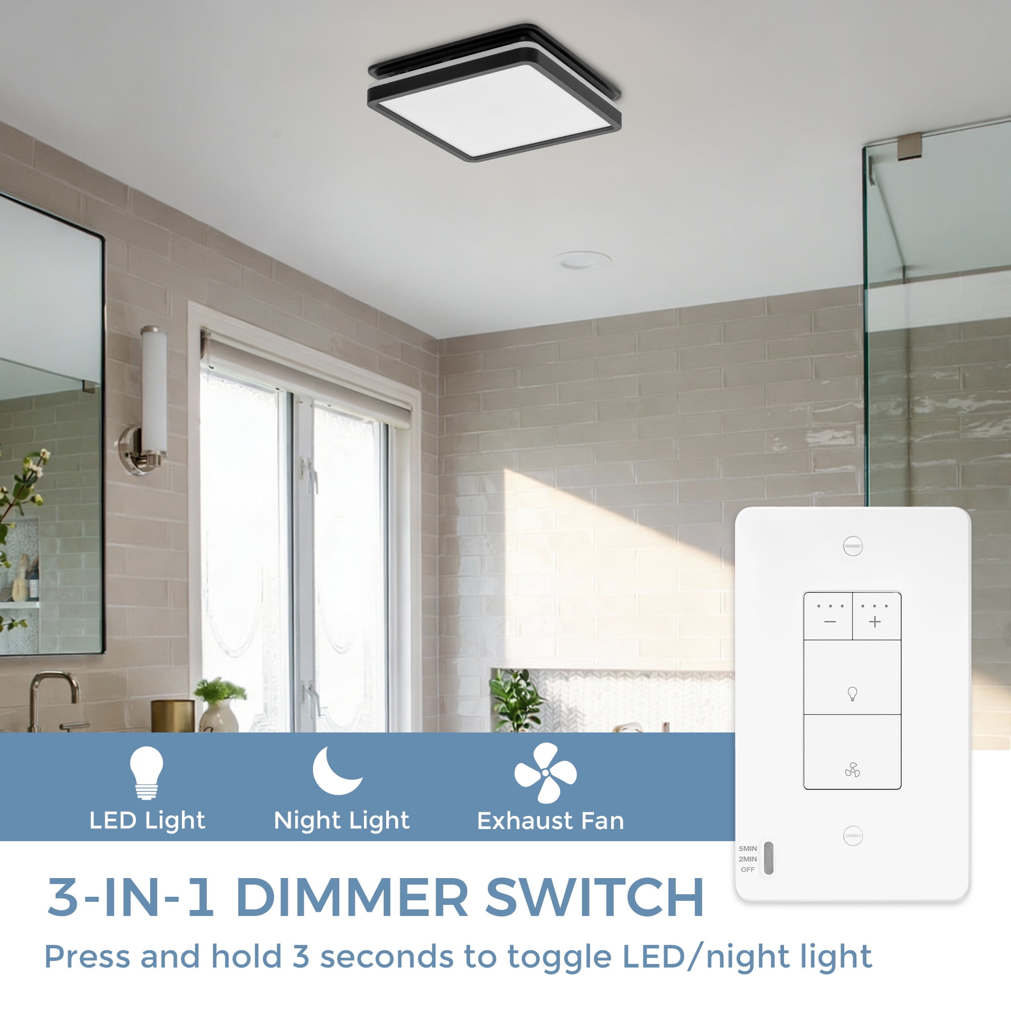 Akicon Dimmer Switch with Night Light Radar Sensor Plate for Bathroom Exhaust Fan, UL Listed, White