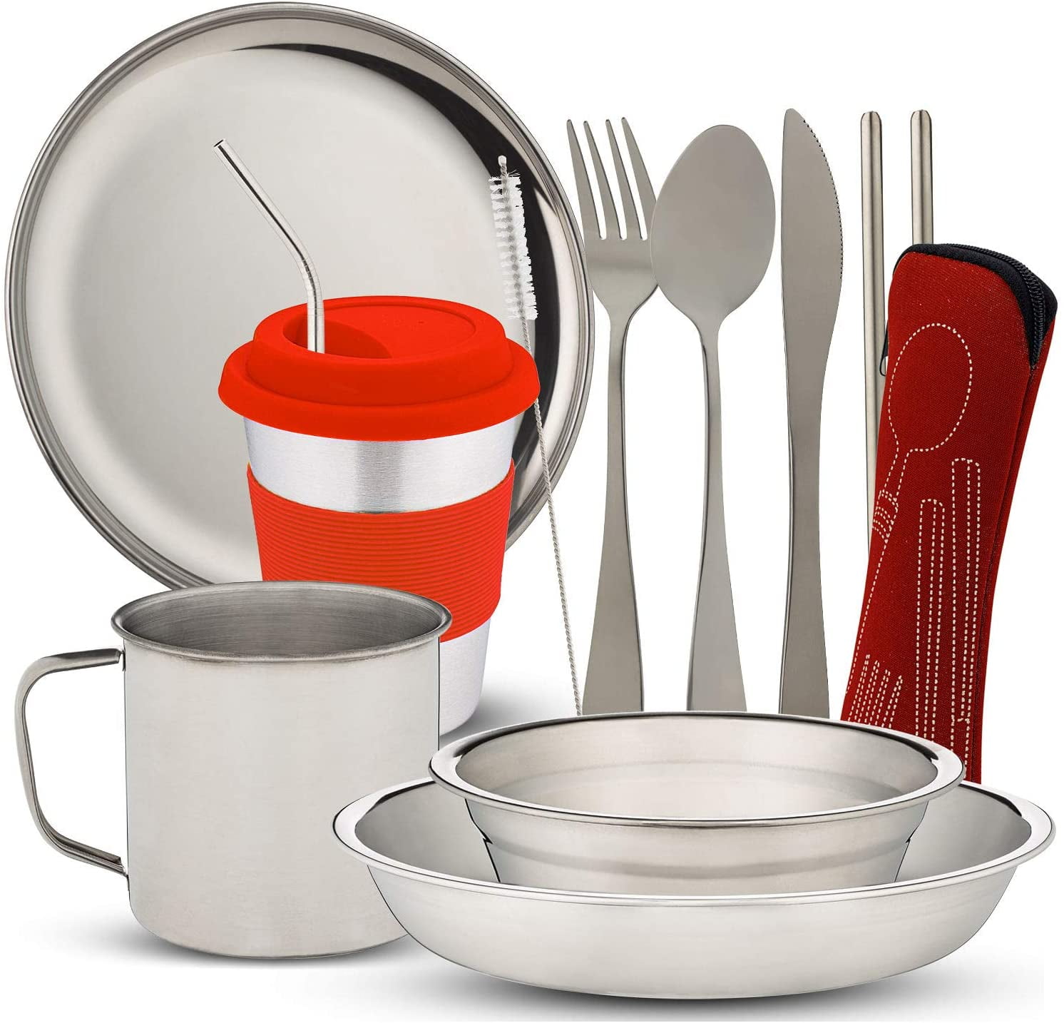 10Piece Camping Dish Set Stainless Steel Camp Mess Kit with Mesh Bag