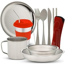 10-Piece Camping Dish Set - Stainless Steel Camp Mess Kit with Mesh Bag for Camping, Backpacking, Hiking - Complete Camping Dinnerware Set with Cup, Plate, Bowl, and Cutlery (with Zipper Cutlery Bag)
