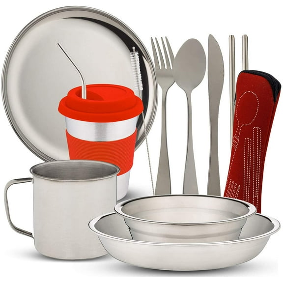 10-Piece Camping Dish Set - Stainless Steel Camp Mess Kit with Mesh Bag for Camping, Backpacking, Hiking - Complete Camping Dinnerware Set with Cup, Plate, Bowl, and Cutlery (with Zipper Cutlery Bag)