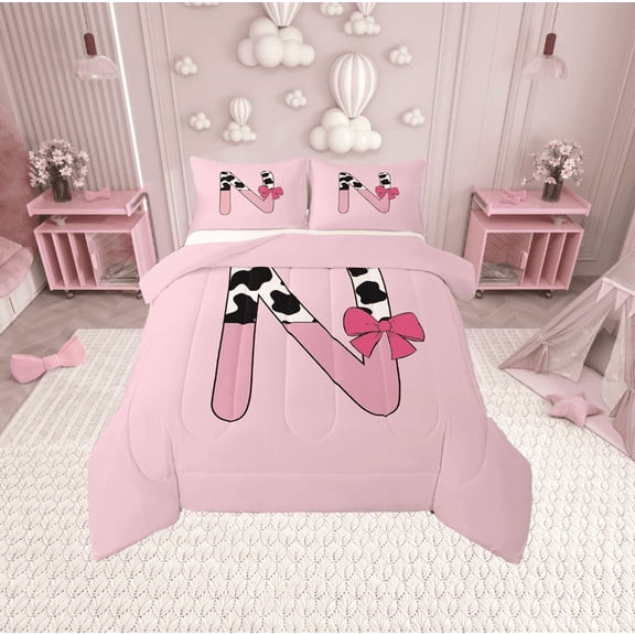 Erosebridal Letter Initial O Bedding Twin Comforter Set,Kawaii Bow Down Comforter,Lightweight Reversible Bedding Sets Twin with Comforter,Cow Print Decor,3pcs