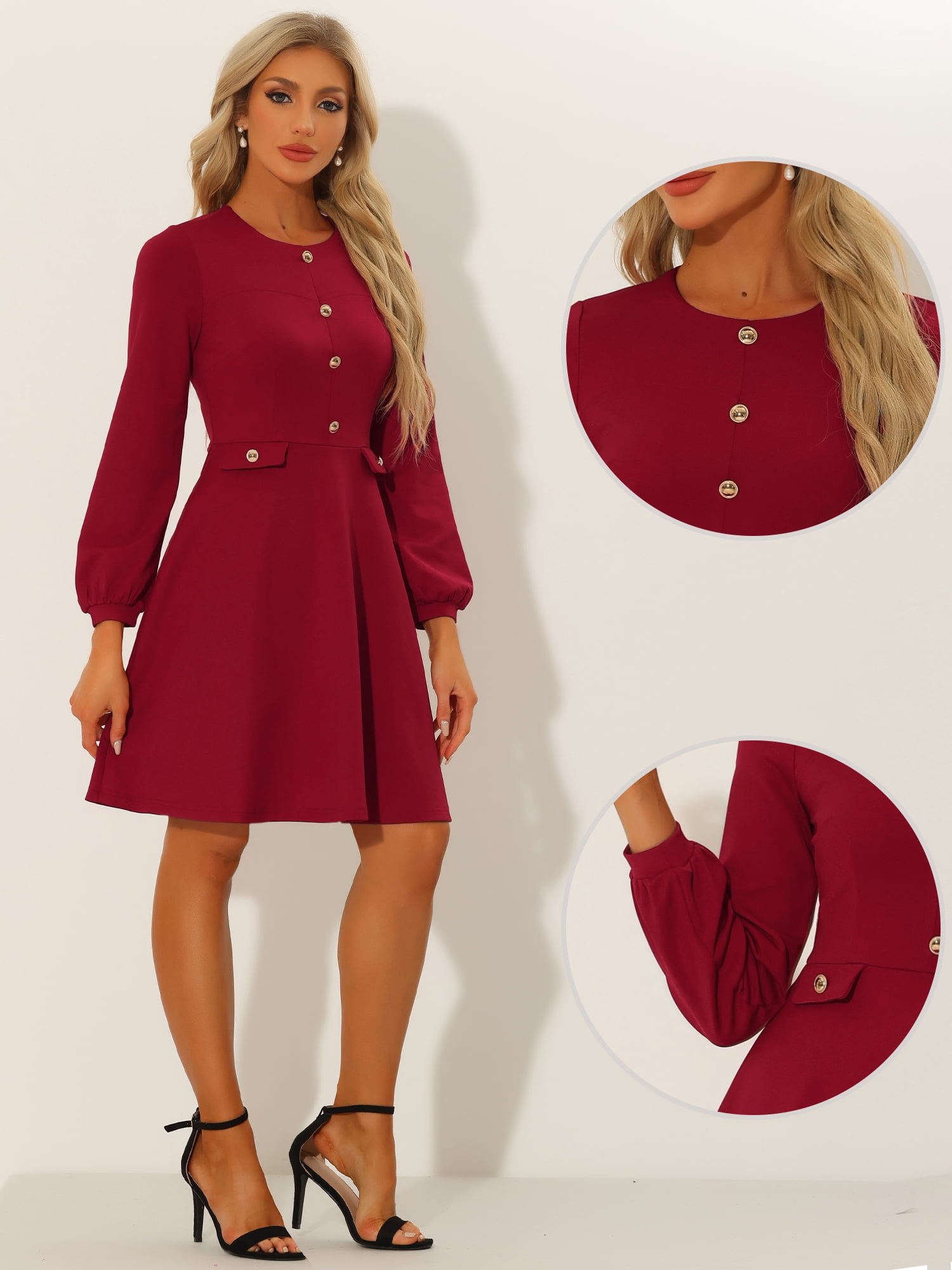DARING DIVA Contrast Button Decor Long Sleeve Dress S Red