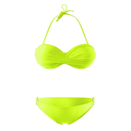 JIANJIA Swim Suits for Women Summer Solid Color Detachable Lace Up Halter Brassiere With Thongs Two Piece Brazilian Bikinis Swimwears Holiday Wear Yellow XL