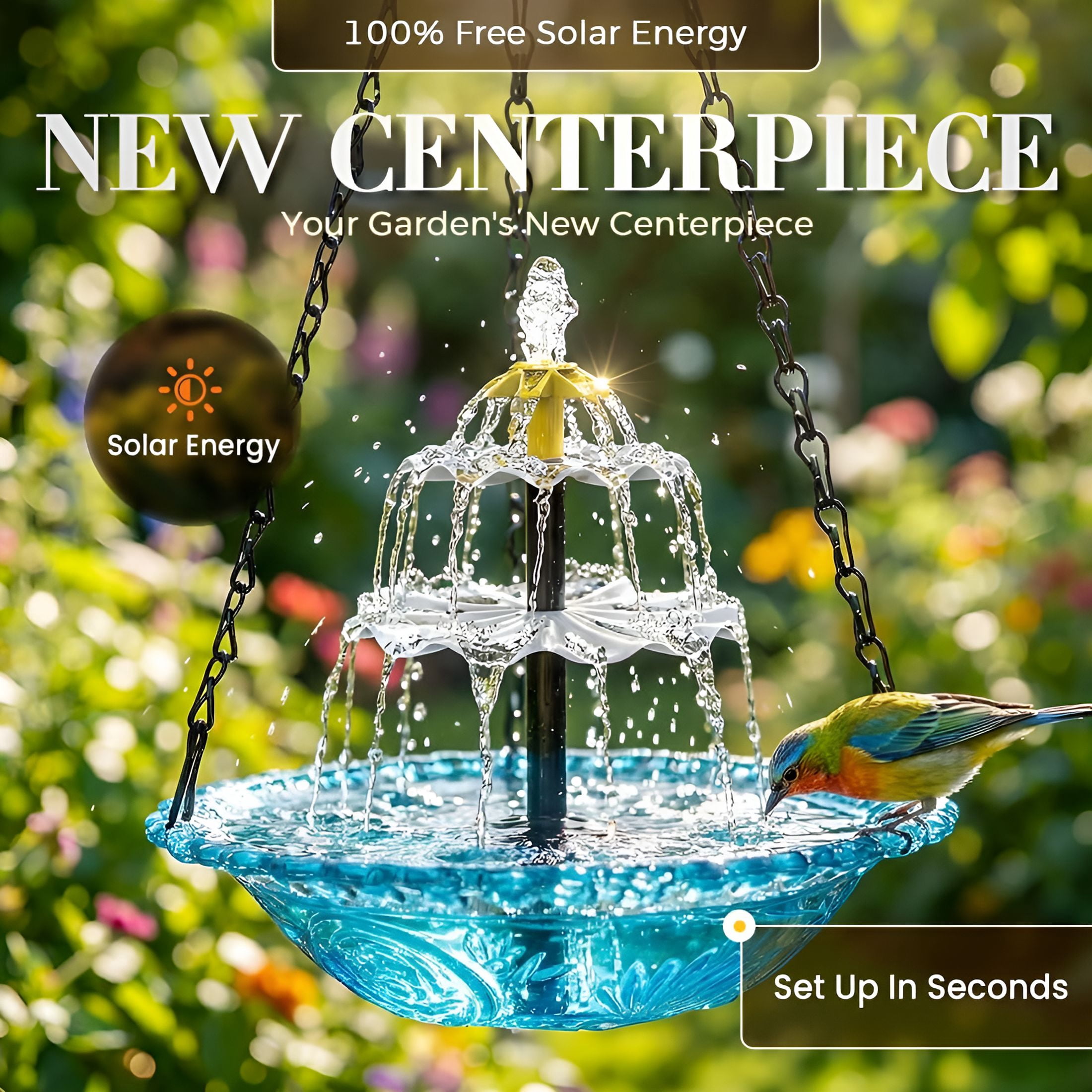 CURYMAY Solar Cascade Hanging Bird Bath Fountain, Hanging Bird Bath with Flowing Water, Bird Bath Fountain Decorative Garden Yard Patio for Outdoor (Red)