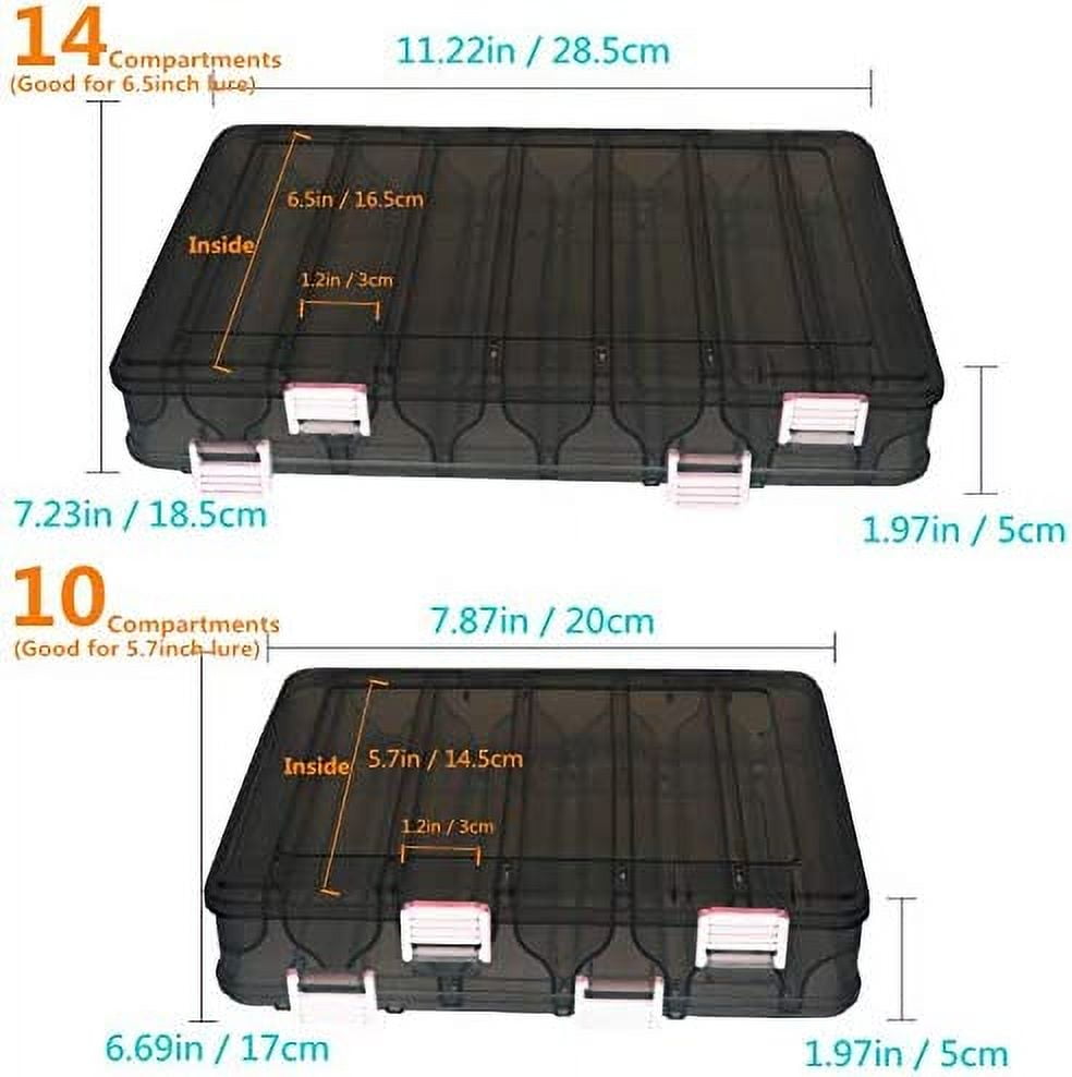 Double-Sided Fishing Lure Hook Tackle Box Visible Hard Plastic Clear Fishing Lure Bait Squid Jig Minnows Hooks Accessory Storage Case Container (Brown 14 Slots)