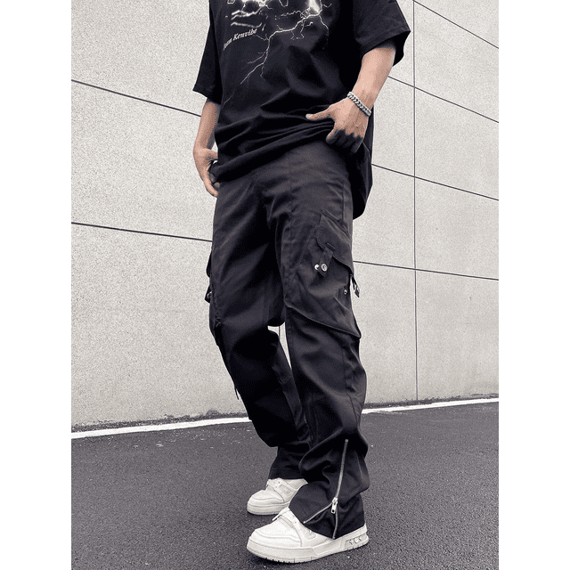 Pantalones cargo de pierna ancha con múltiples bolsillos para hombre, estilo primavera-otoño, pantalones holgados vintage de pierna recta, pantalones con abertura lateral y cremallera