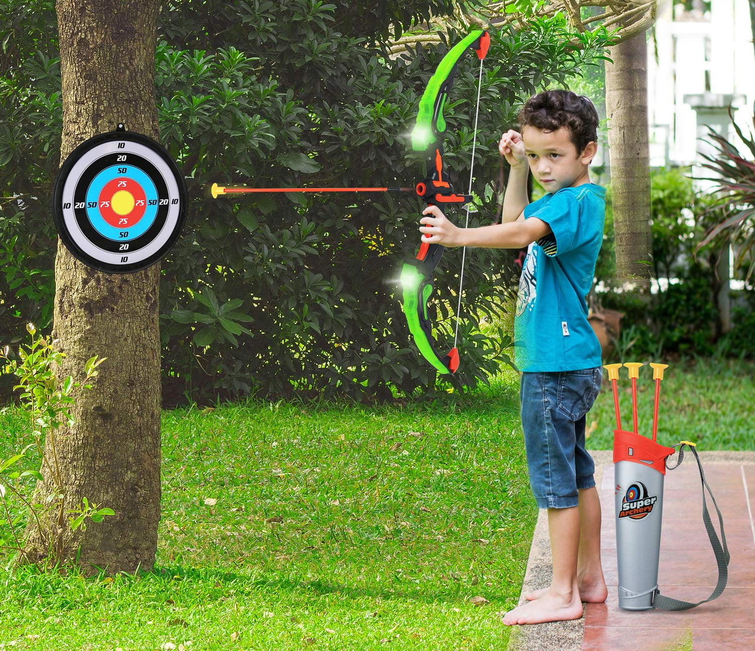 Click N' Play Light Up Toy Bow and Arrow Archery Set | Outside Kids Toy for Bow and Arrow Hunting Play | Including Bow, 3 Suction Cups Kids Arrows, Target, and Quiver