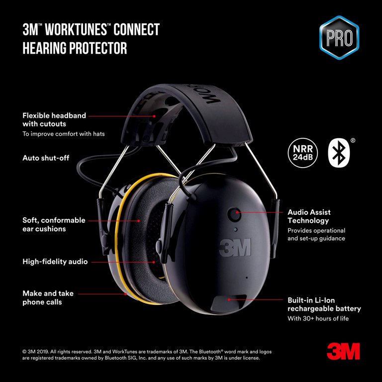 3M WorkTunes Connect Ear Protection with Bluetooth Rechargeable Battery Audio and Voice Assist Ear Muffs