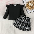 thumbnail image 2 of Yuyuzo Kids Toddler Baby Girls Summer Outfits Ruffle Long Sleeve Ribbed Knit Tops Plaid Skirts Clothes Set, 2 of 7