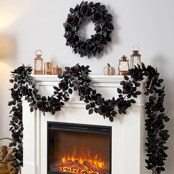 FXMLRLK Artificial Black Garland Hanging Vine Artificial Floral Garland | Fall Gothic Decor,Hanging Flower Fake Rose Vine Drap for Black Burgundy Wedding Decor Halloween Indoor Outdoor Party Wall