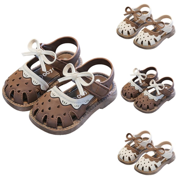 Afuyipoi Girls Closed Toe Sandals, Toddler and Little Kids Sweet Bow Cut-Out Shoes, Soft Sole Non-Slip Ruffle Summer Beach Sandals Brown Size 1 (Big Kids)