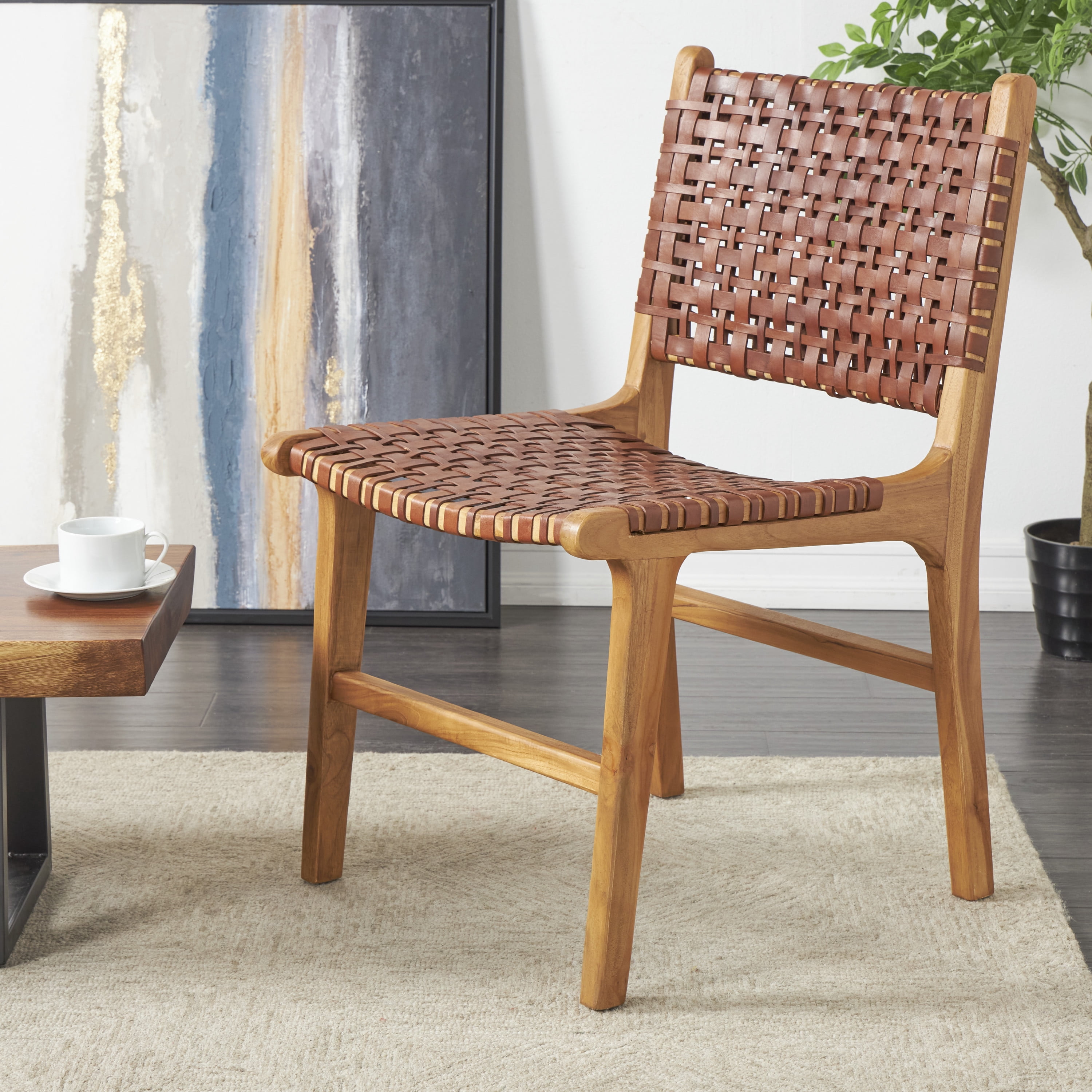 DecMode Leather Handmade Woven Lounge Chair with Teak Wood Frame, Dark Brown, Set of 2