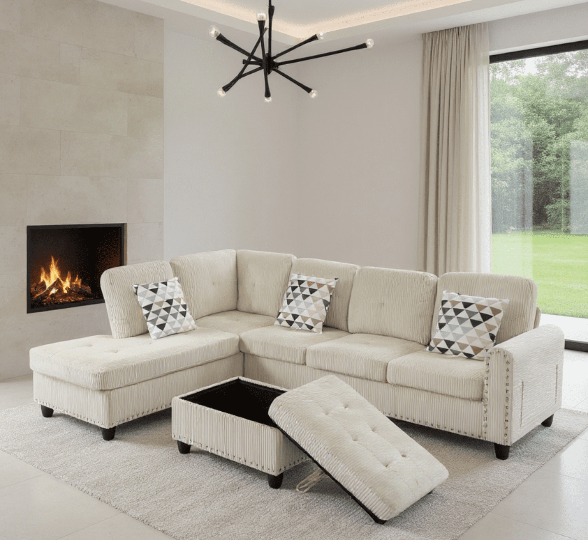 Gewnee 94.49” L-Shaped Modular Sectional Sofa with Nail Head-Design, with Storage Ottoman& 3 Headrests & 2 Built-in Cup Holders, Suitable for Living Rooms, Offices and Reception Rooms.Beige