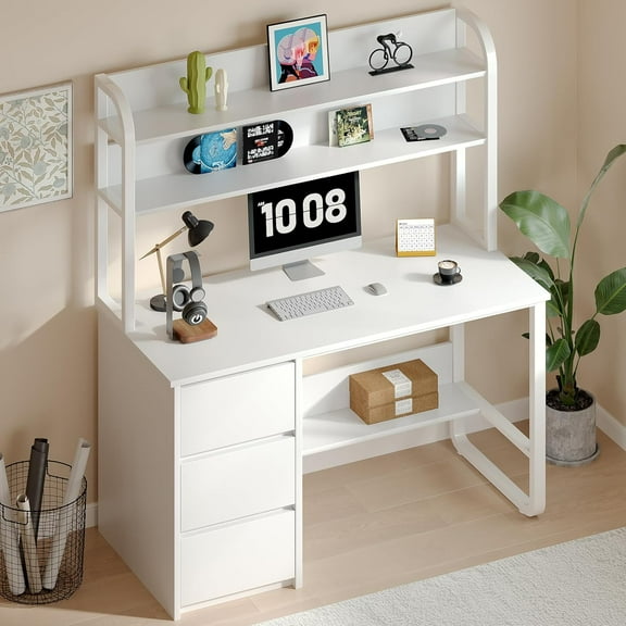 DreamCurship Computer Desk with Hutch, Home Office Desk with Drawers and Shelves, Wood Writing Study Desk, White