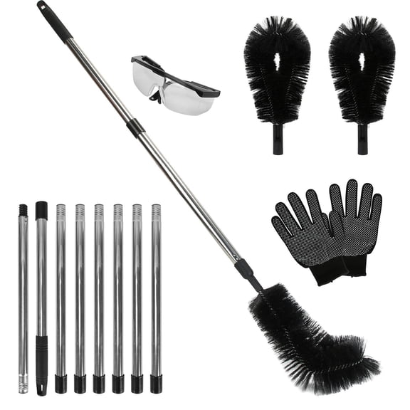 10.5FT Telescoping Gutter Cleaning Brush Extendable Gutter Cleaner with 2 Angled Brushes Anti-Slip Gloves & Safety Goggles, Heavy Duty Stainless Steel Pole for Ground Use