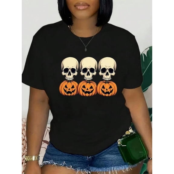 Women's Halloween T-Shirt, Graphic Tee Tops, Causal Comfort Short Sleeve Top,Round neck,Funny,cotton,black,S-5XL
