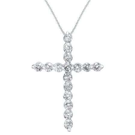 Round Cut White Natural Diamond Cross Pendant Necklace In 14k White Gold