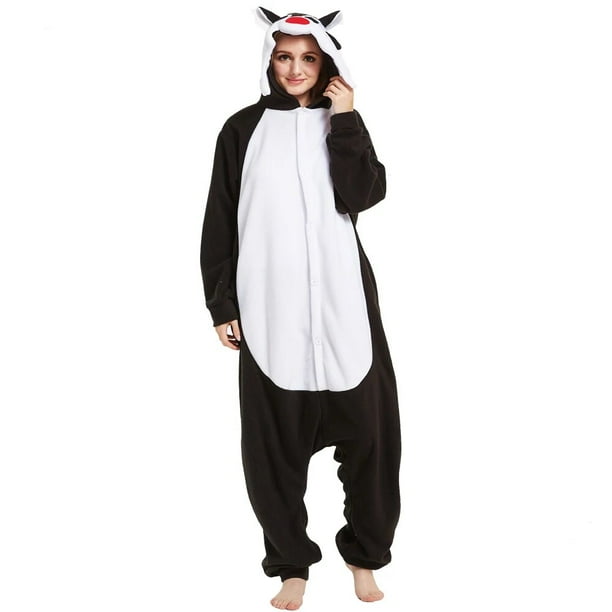 Pijama de una pieza con diseno de lobo negro para hombre mono de lana ropa de dormir divertida pijama para mujer y nina traje elegante para hombres y adultos Kigurumi de mapache
