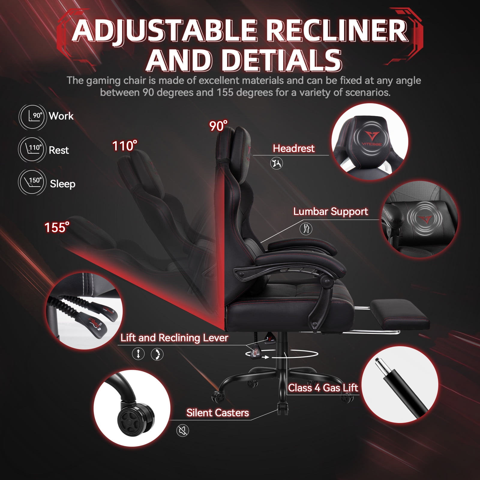 Waleaf Gaming Chair Ergonomic Office Chair with Footrest and Lumbar Support, Height Adjustable High Back Gamer Chair with Headrest for Adult