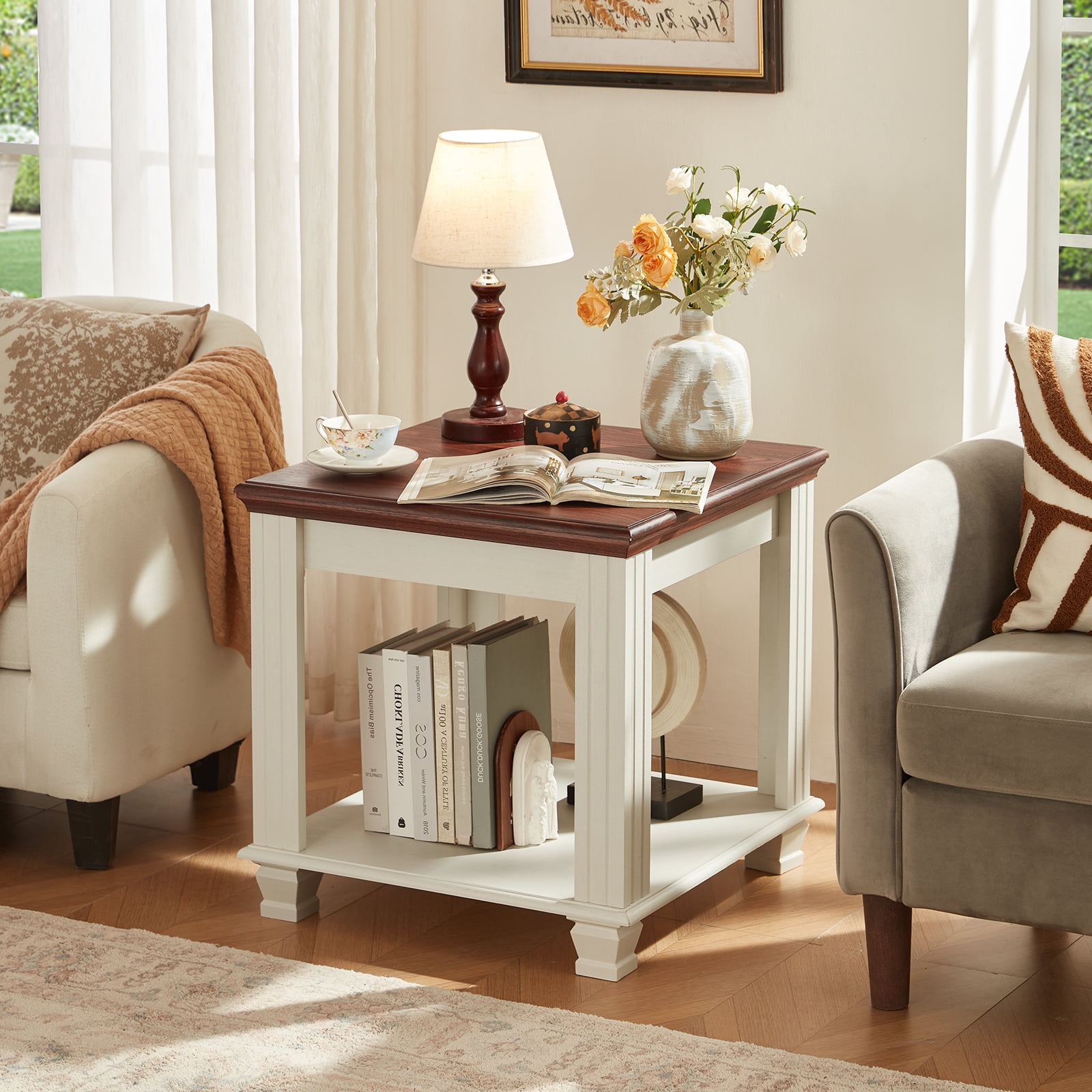 Buildhom Farmhouse End Table Set of 2, Large 2-Tier Side Table with Storage Shelf, Rustic Brown Square Tea Table for Living Room, White