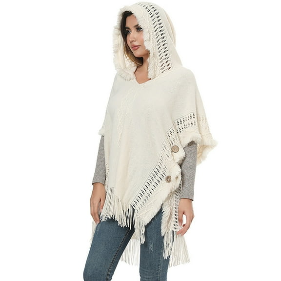 Cxenplz Women's Poncho Sweater Elegant Knit Half Sleeve Fringed Tassel Hem Batwing Buttons Hooded Pullover Cape Shawl