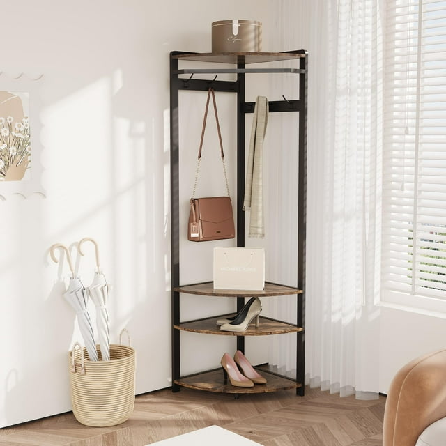 Yiwa Freestanding Corner Coat Rack with Shelves and Bench for Entryway