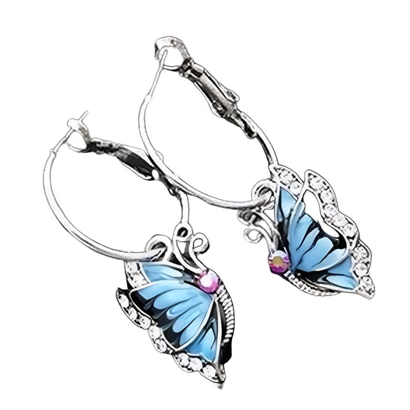 DESIGNICE Women 1Pair Blue Crystal Rhinestone Enamel Butterfly Dangle Hoop Earrings Earbob