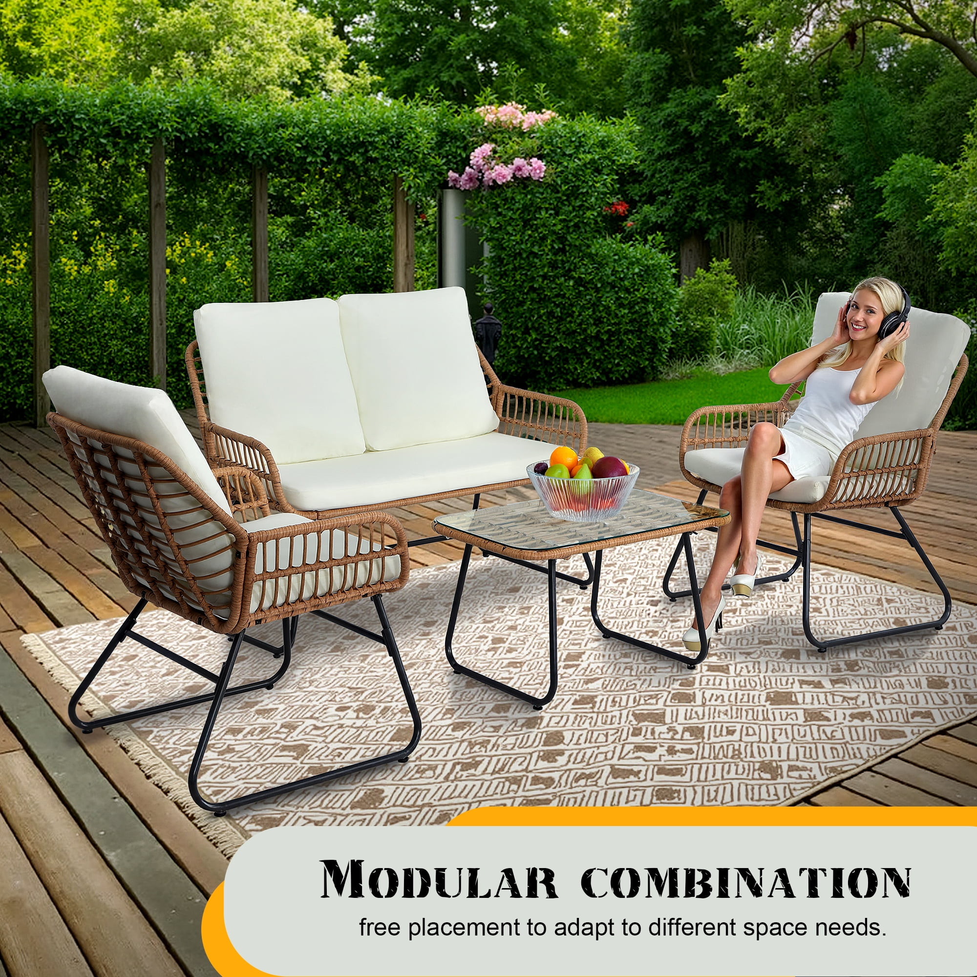 AstrPthylx 4-Piece Rattan Patio Set - All-Weather Outdoor Conversation Furniture with Tempered Glass Table & Quick-Dry Cushions for Garden, Porch, Balcony
