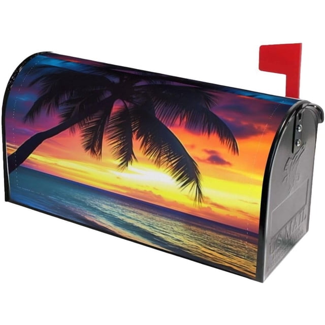 Sunset Beach Mailbox Covers, Coconut Tree Magnetic Post Box Cover Wraps Standard Size 21x18 in for Garden Yard Decor
