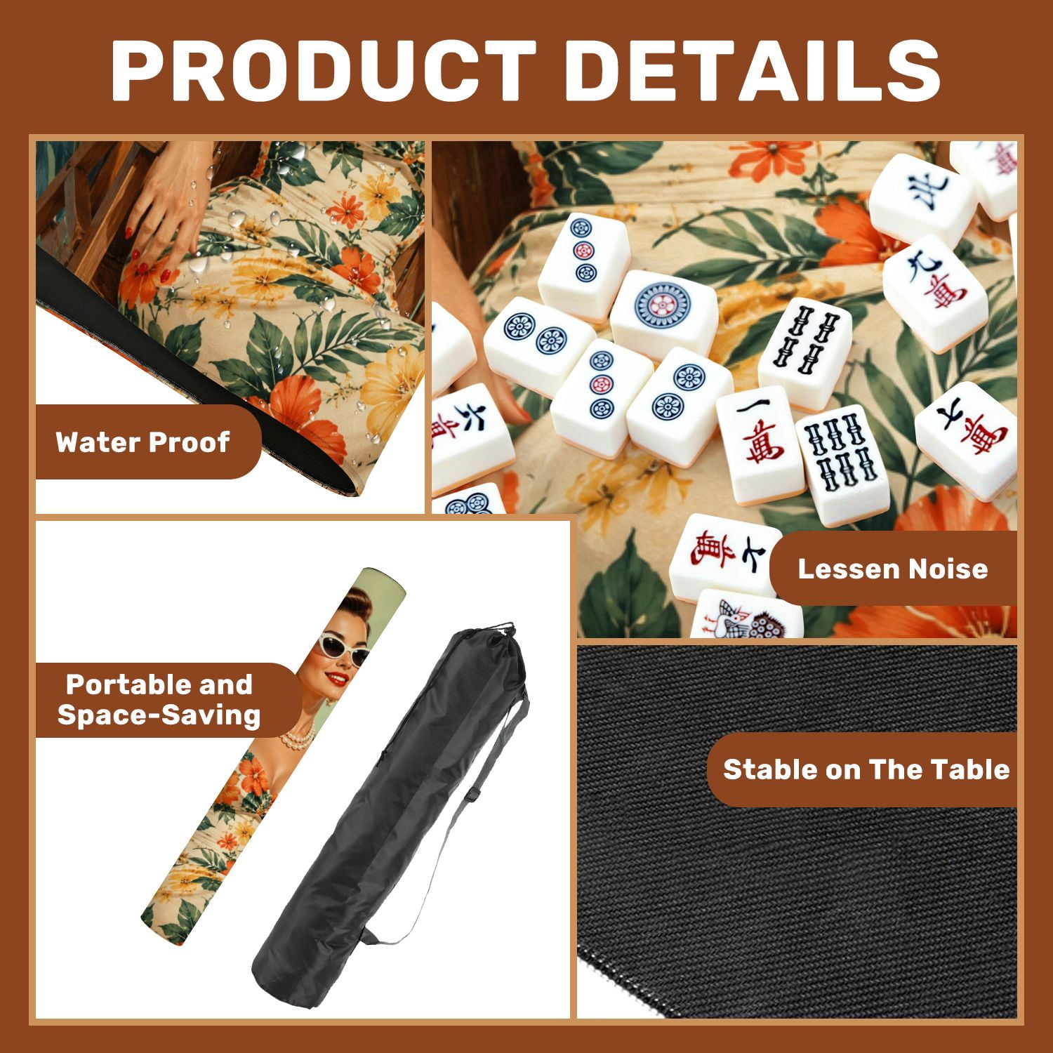 Mahjong Mat 31.5" x 31.5" Vintage Tropical Woman Cocktail Floral Dress Non-Slip Noise Reduction American Mahjong Tiles Table Cover for Dominoes Poker Card Board Games Gift