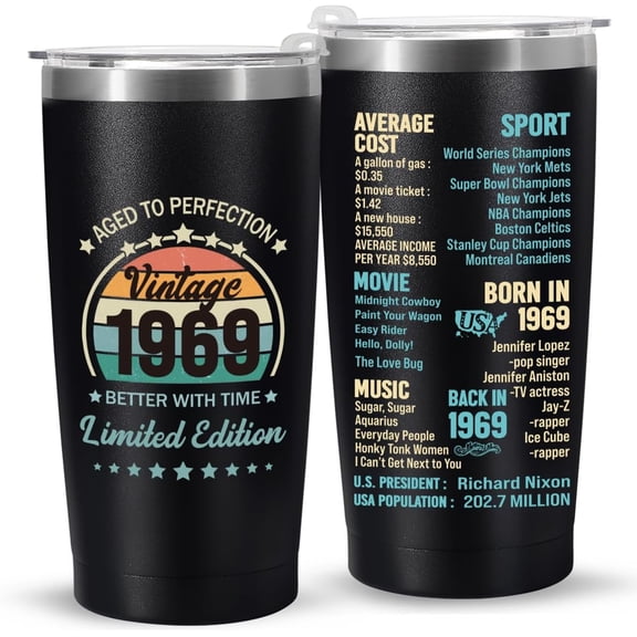 55th Birthday Gifts for Women Men Parents 55 Years Old Gifts- 20 oz Double-sided Vintage 1969 with Time Information Tumbler Cup(black) Turning 55